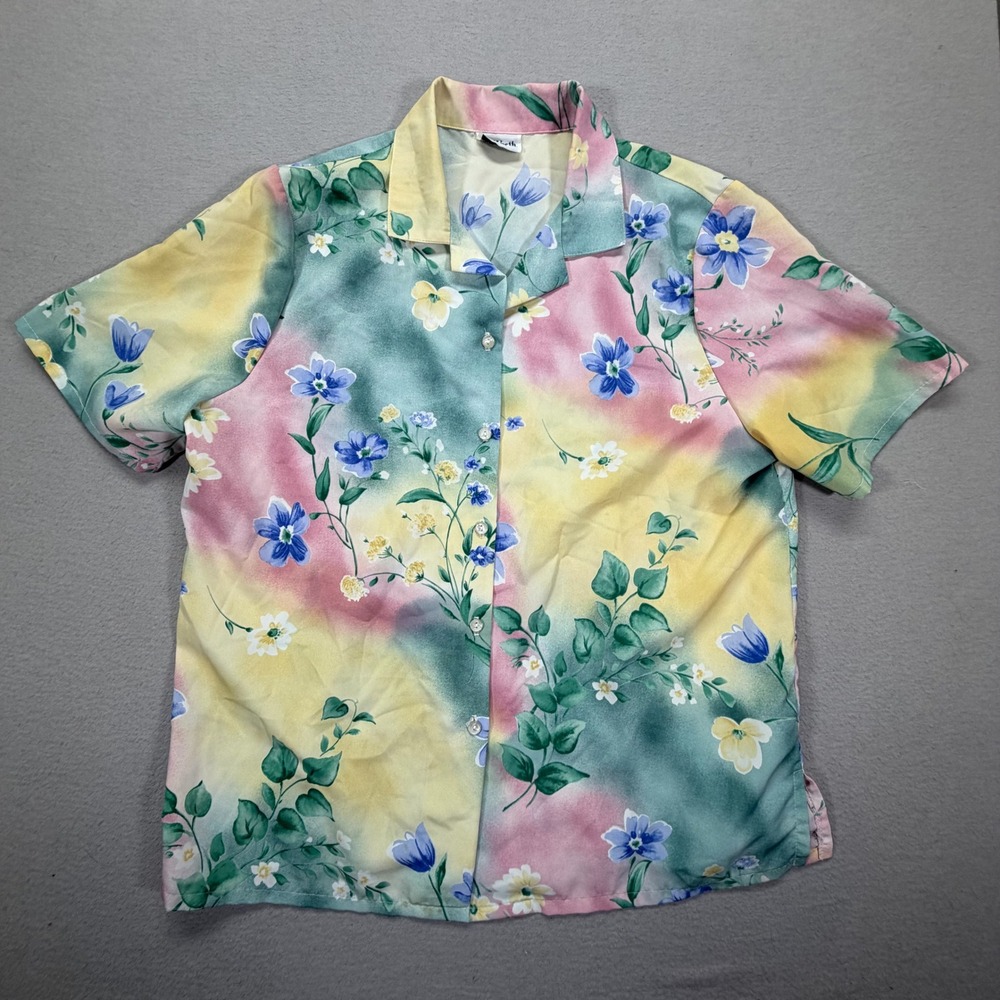 BonWorth Blouse Womens Large Good Multi Watercolor Floral Short Sleeve Button Up